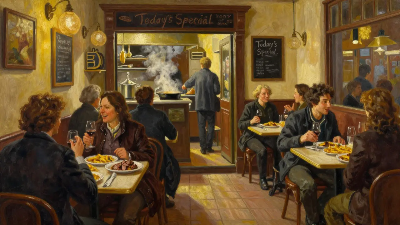 Locals dining in a cozy bistro at night, sharing food and wine under golden lamplight.