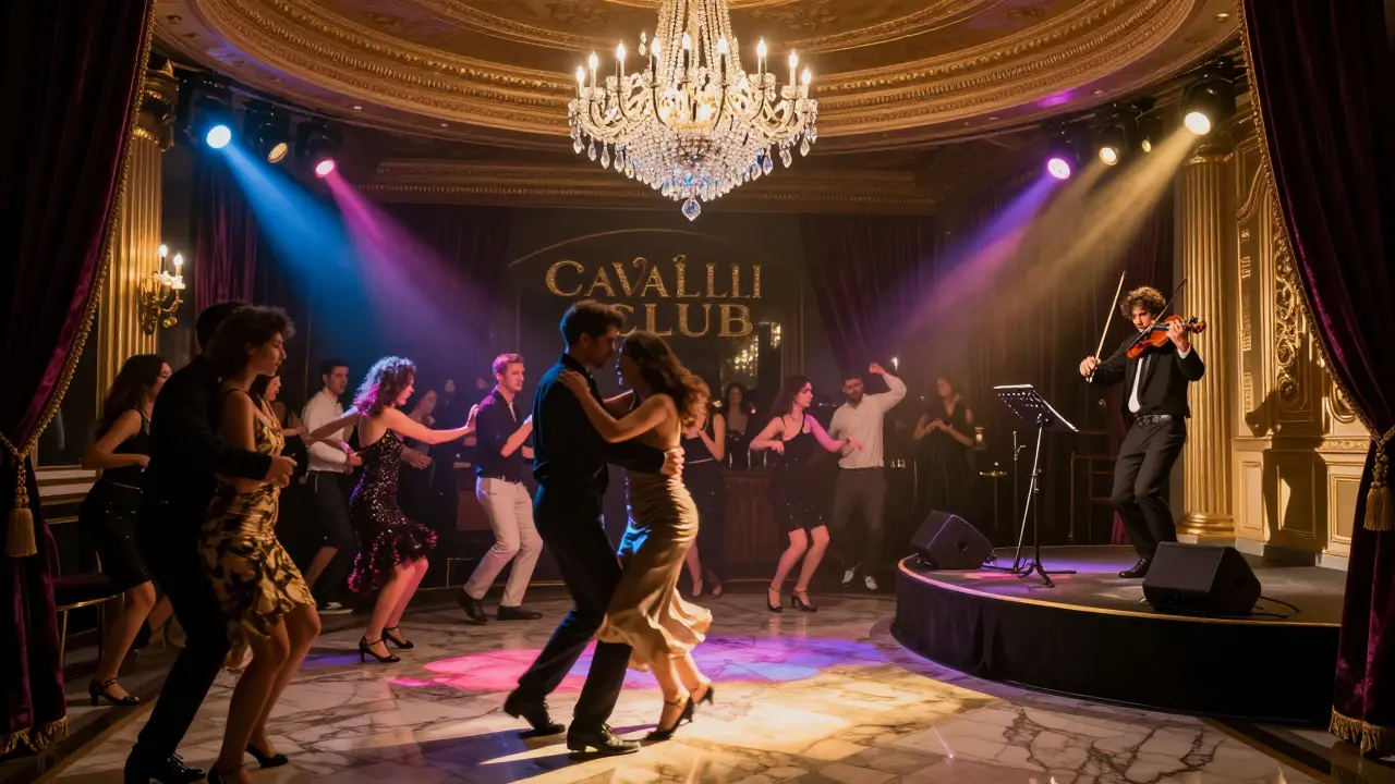 Luxurious club interior with crystal chandelier, dancers under colorful lights, and a violinist performing on stage.