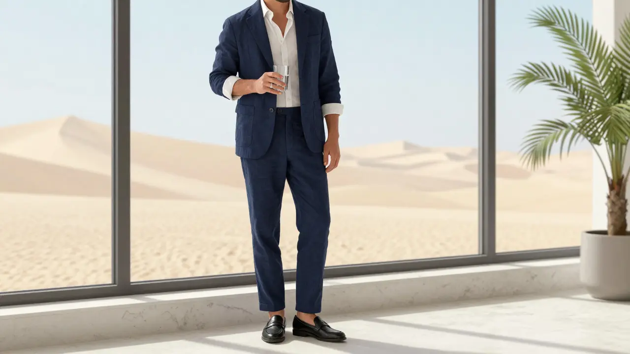 Man in a navy linen suit standing by a window in a Dubai penthouse, calm and composed.