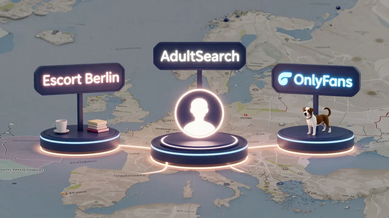Neon-lit escort platforms above Berlin map with Instagram lifestyle posts leading to a central profile.
