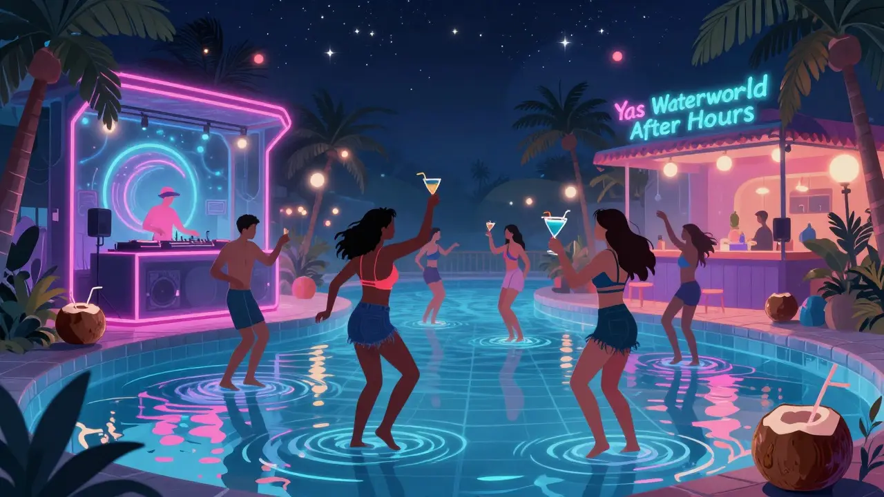 Neon-lit water park turned nighttime dance floor with people dancing barefoot by glowing river.