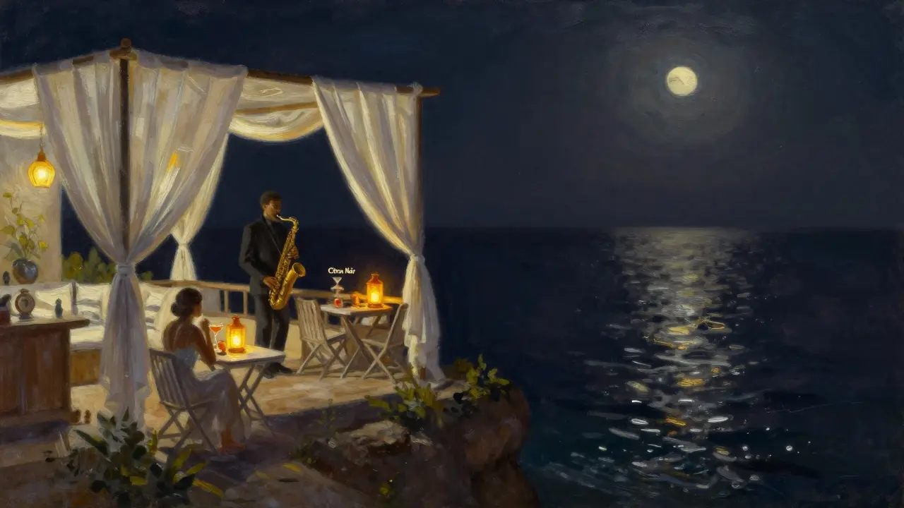 Nighttime terrace at Le Plongeoir with saxophonist, white drapes, and moonlit sea.