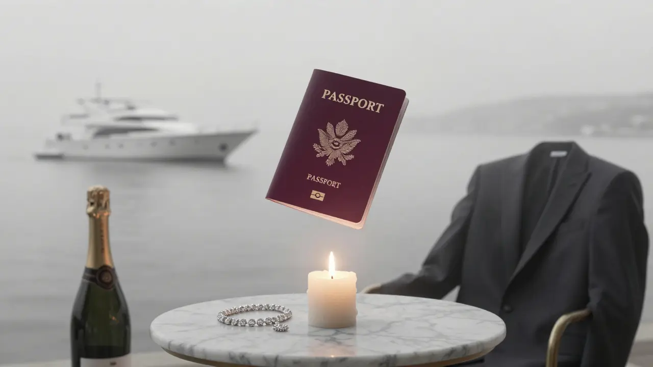 Passport dissolving into symbols of exclusivity: champagne, jewelry, and candlelight on a yacht.