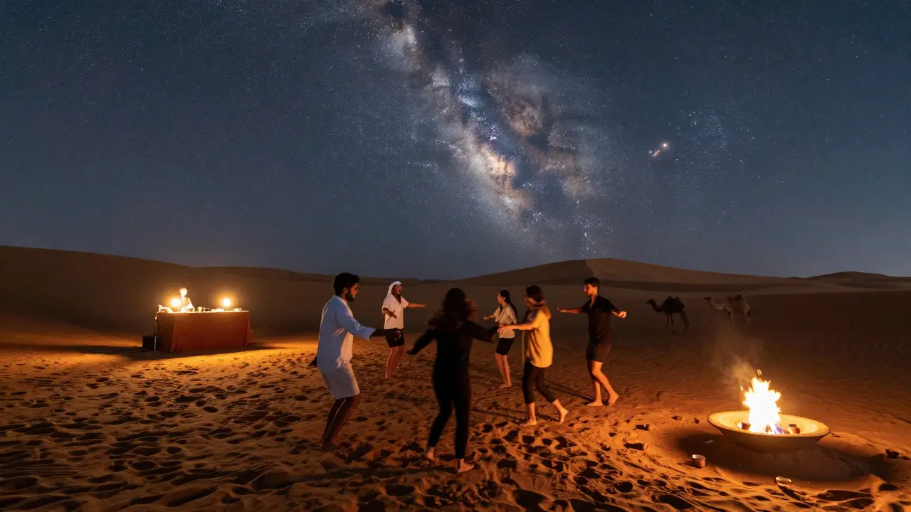 People dancing in the desert under a starry sky, firepit glow, and camel silhouettes in the distance.