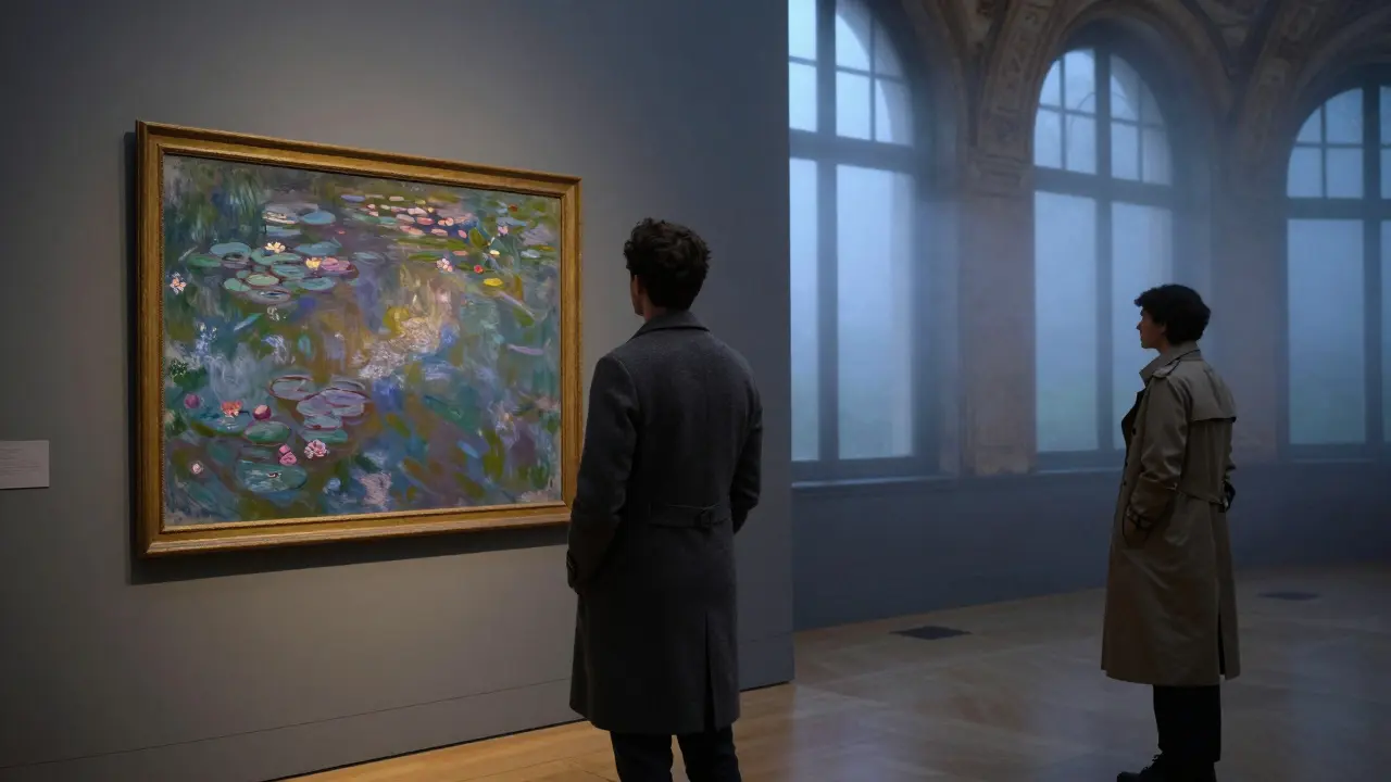 Private museum tour at Musée d’Orsay at dawn, two figures admiring art in serene silence.