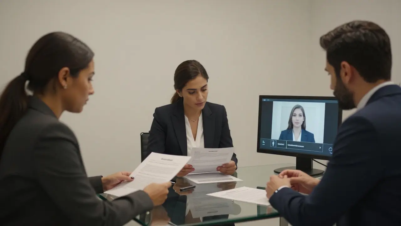 Professionals reviewing client credentials and psychological assessments in a discreet Dubai agency office.