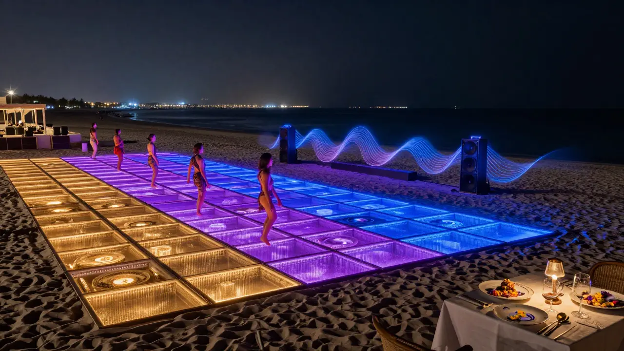 Puro Beach Dubai at night with glowing LED floor panels and dancers under stars.