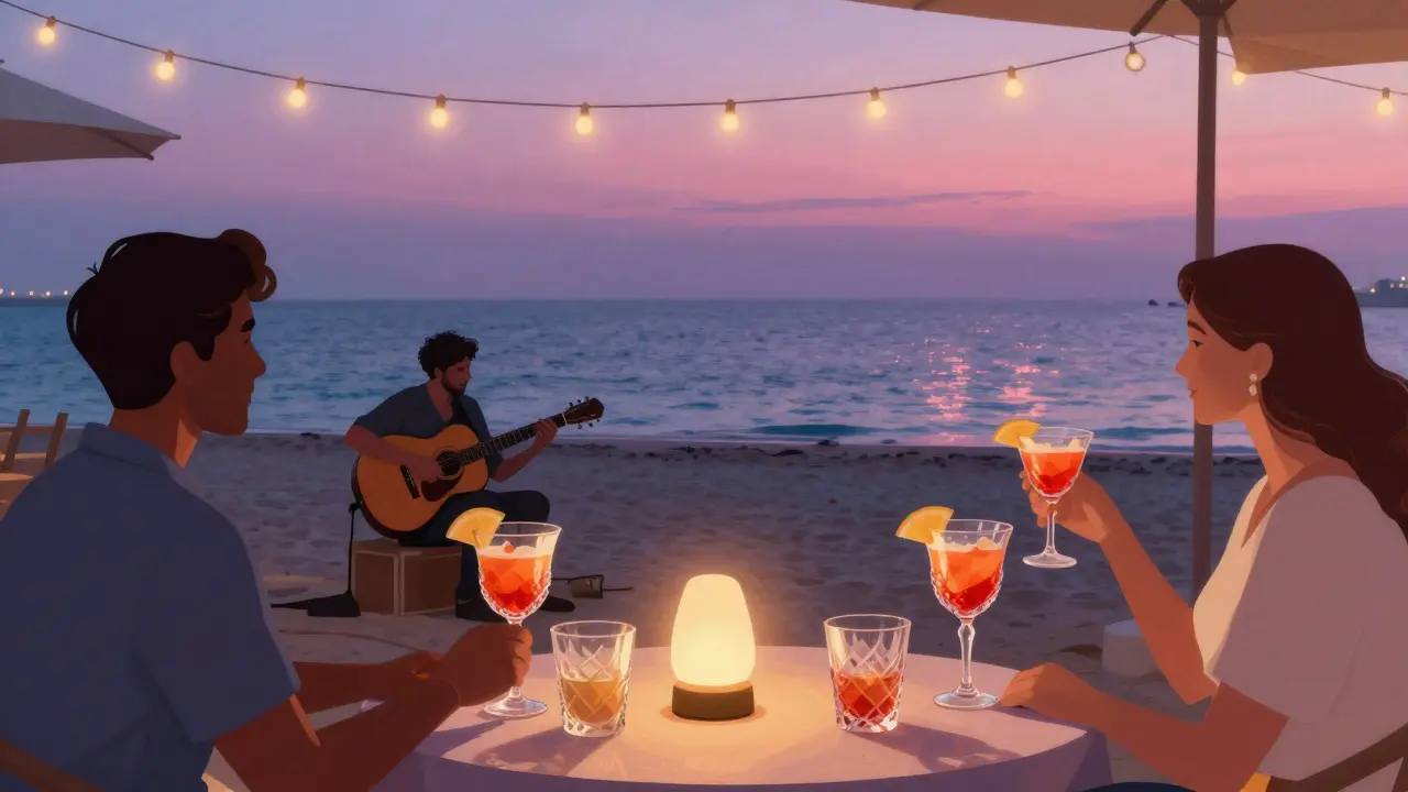 Quiet evening at Beach House Dubai with guests sipping sunset cocktails by the water.
