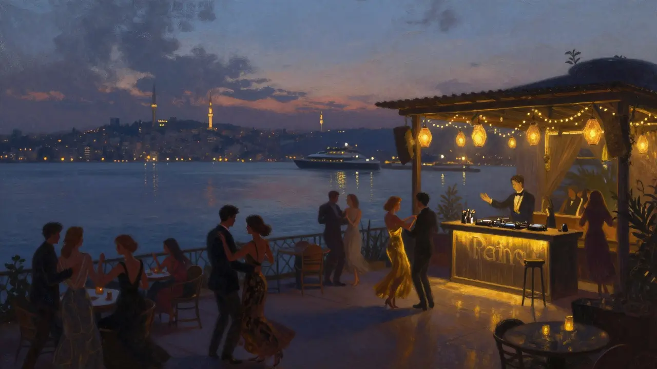 Reina nightclub terrace at dawn with city lights reflecting on the Bosphorus.