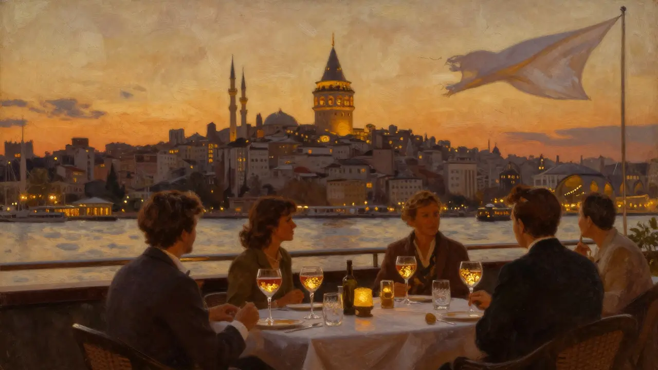 Rooftop bar at sunset overlooking Istanbul’s skyline with golden hour glow and Galata Tower lighting up.