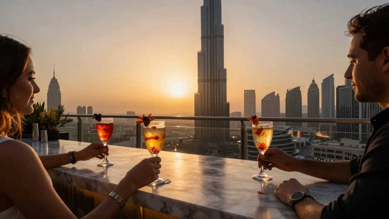 Rooftop bar high in Burj Khalifa with guests looking through glass floor at city lights below.