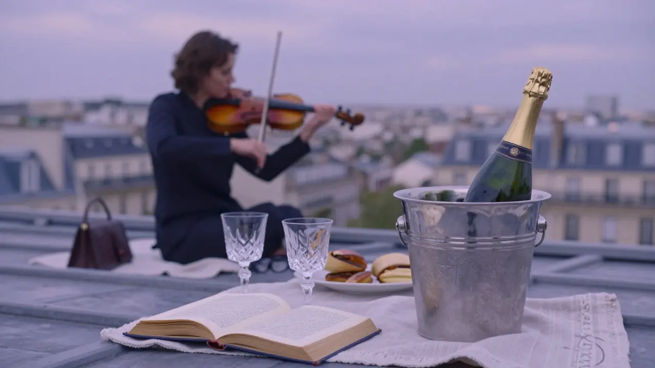 Rooftop picnic in Paris at twilight with champagne, violin music, and an open book of Proust.