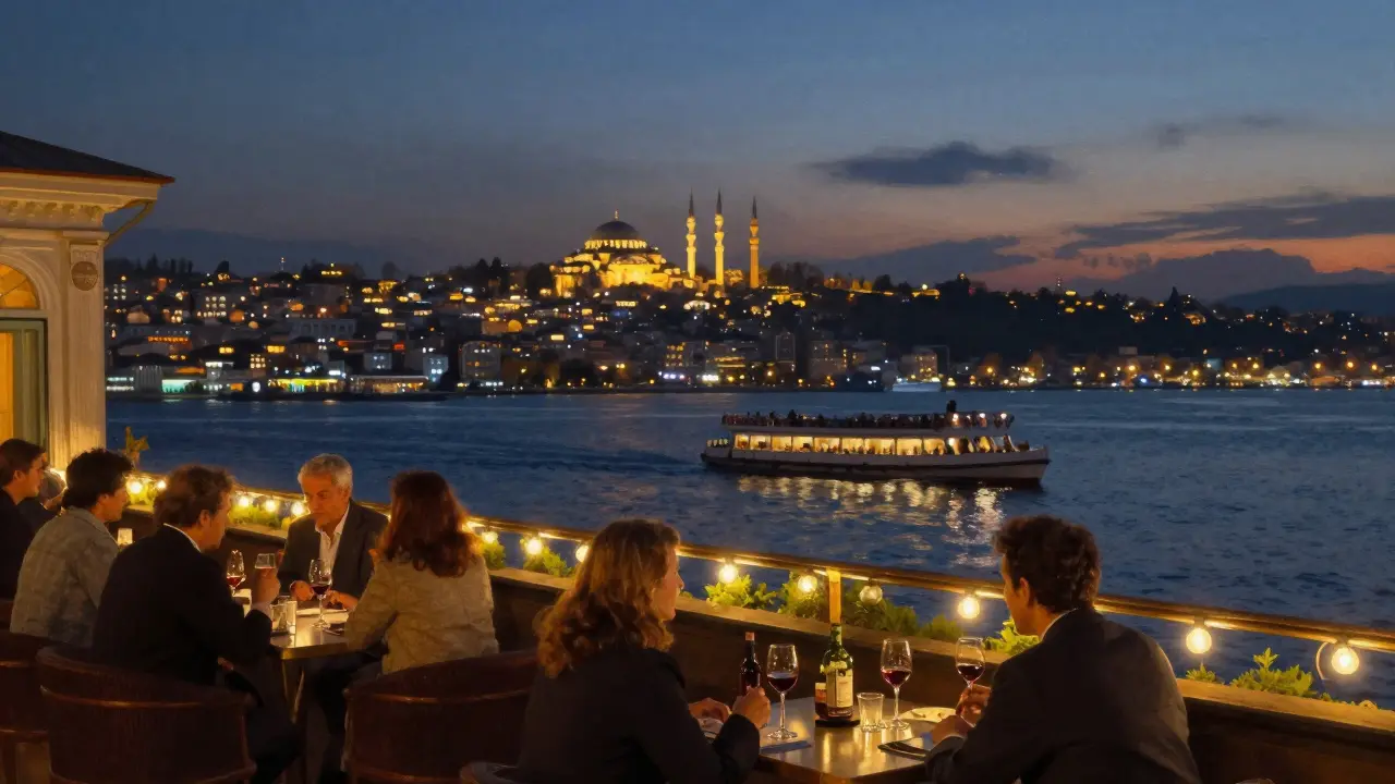 Rooftop view of the Bosphorus at dusk with guests sipping wine as the city lights reflect on the water.