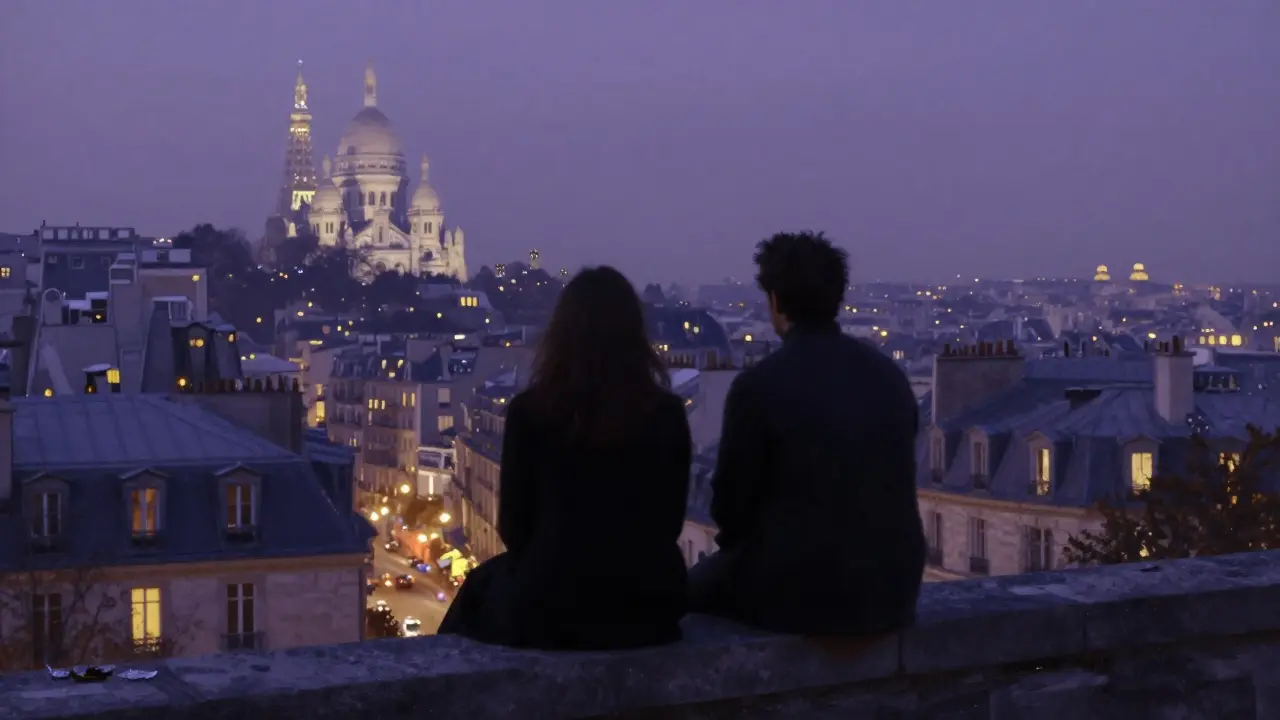 Silhouettes of two people sitting on a stone ledge overlooking Paris at dusk, with the Eiffel Tower sparkling in the distance.