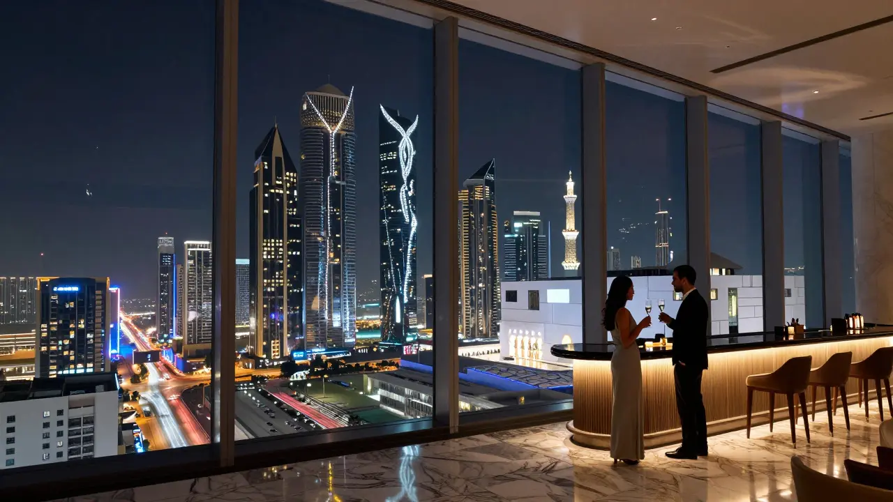 Sky lounge with city skyline and grand mosque glowing in the distance.