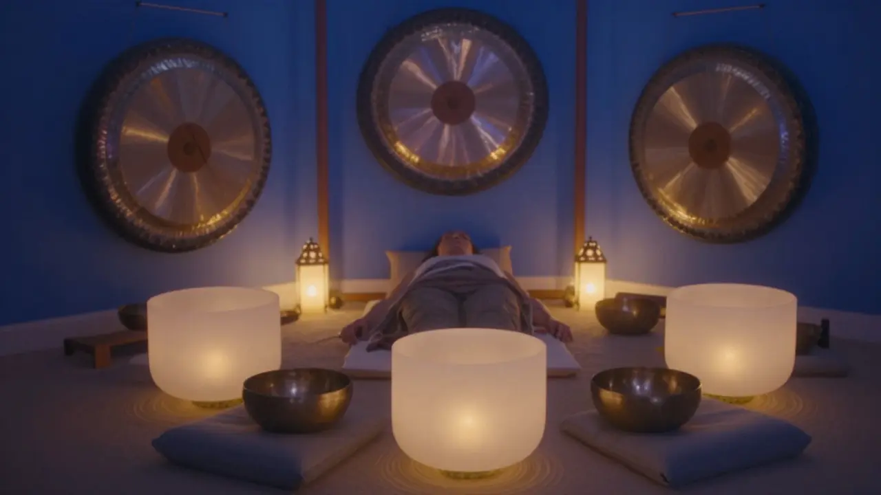 Someone lying in deep relaxation during a sound bath, crystal bowls glowing softly in a quiet room.