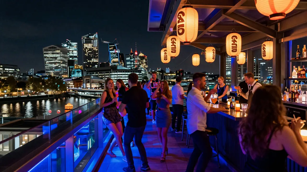 Sushisamba rooftop bar at night with neon lights, dancing guests, and Canary Wharf’s glittering skyline behind glass railings.
