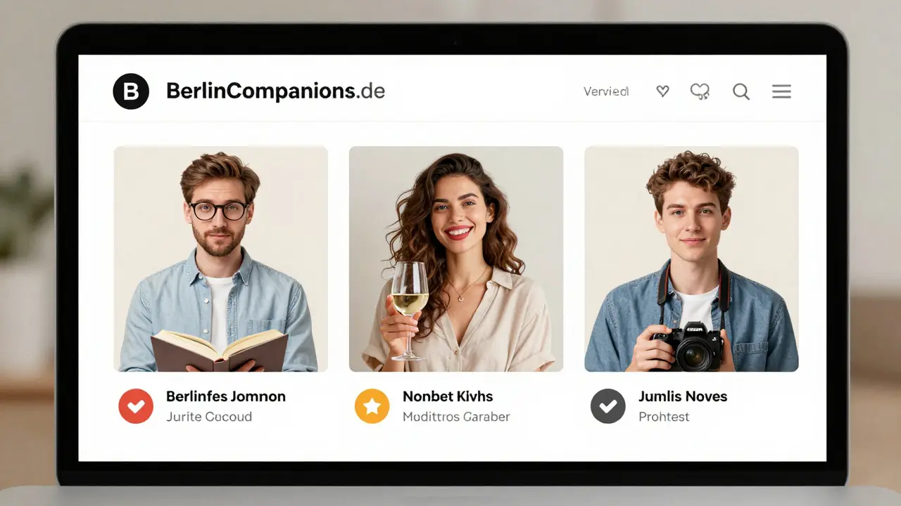 Three verified escort profiles on a German platform, showing diverse individuals with language tags and verified badges.