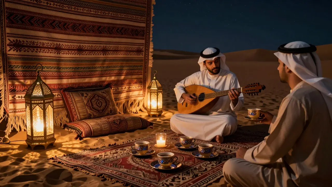 Traditional Emirati majlis at night with lanterns and oud music.