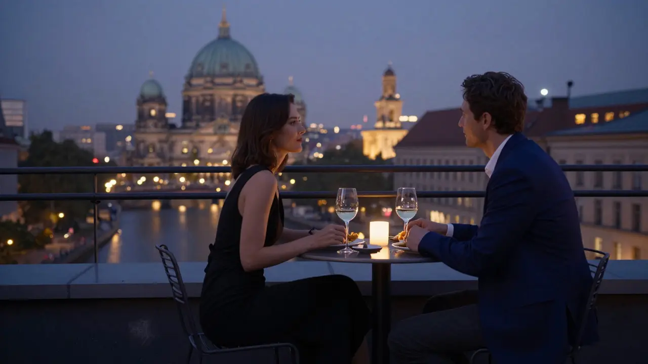 Two figures share a quiet dinner on a Berlin rooftop terrace at twilight, overlooking the Spree.