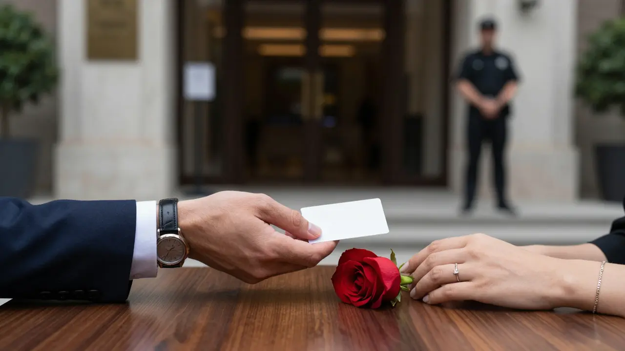 Two hands meeting over a wooden table with a business card and a rose, symbolizing mutual respect in Abu Dhabi.