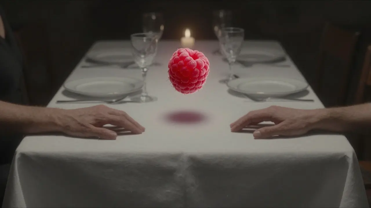 Two hands touching in complete darkness above a dining table with a glowing raspberry.