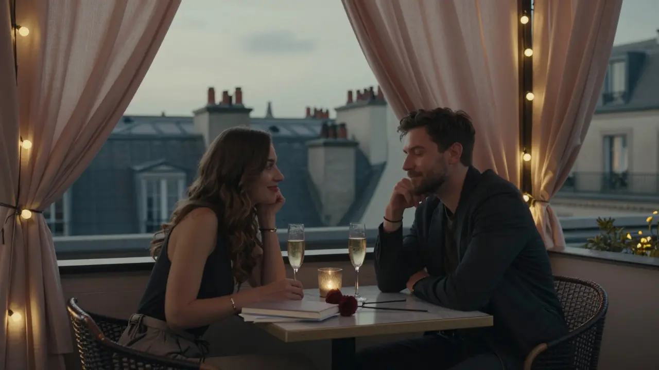 Two people share a quiet moment on a rooftop terrace in Paris, sipping champagne as the city lights begin to twinkle.