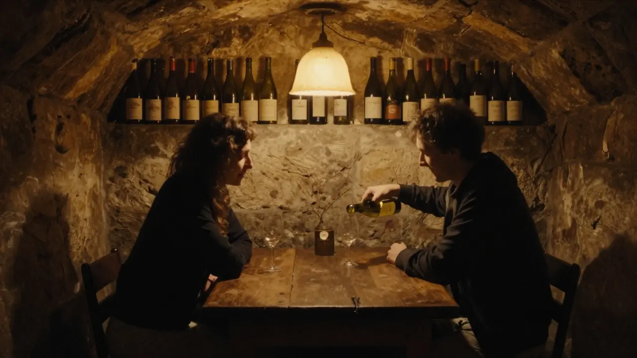 Two people share a quiet wine tasting in a hidden Parisian cellar with warm ambient lighting.