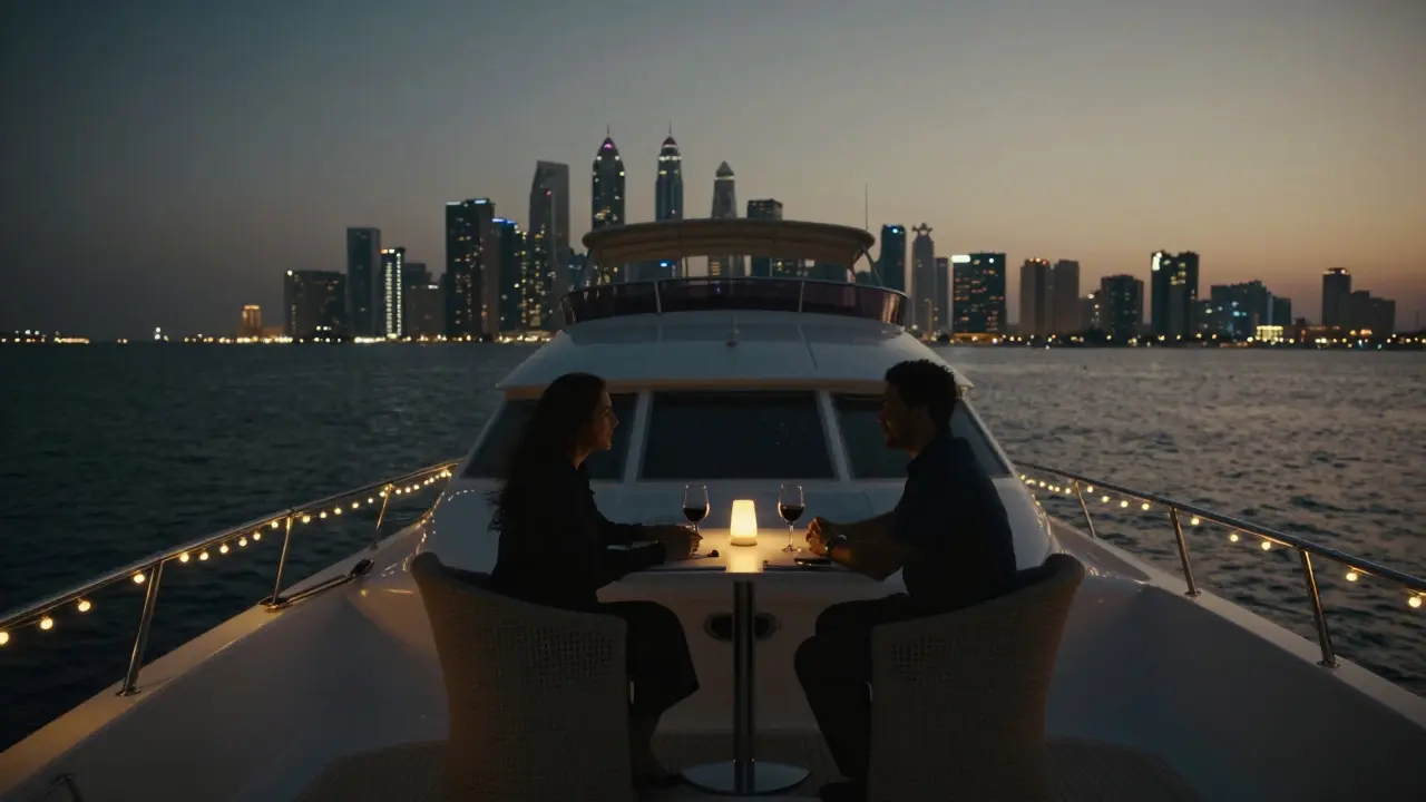 Two shadowed figures on a private yacht at twilight, enjoying quiet conversation with Dubai's skyline in the background.