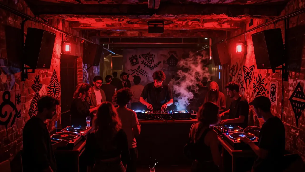 Underground club in Kadıköy with dim red lighting, people dancing to techno, exposed brick walls, and no windows.