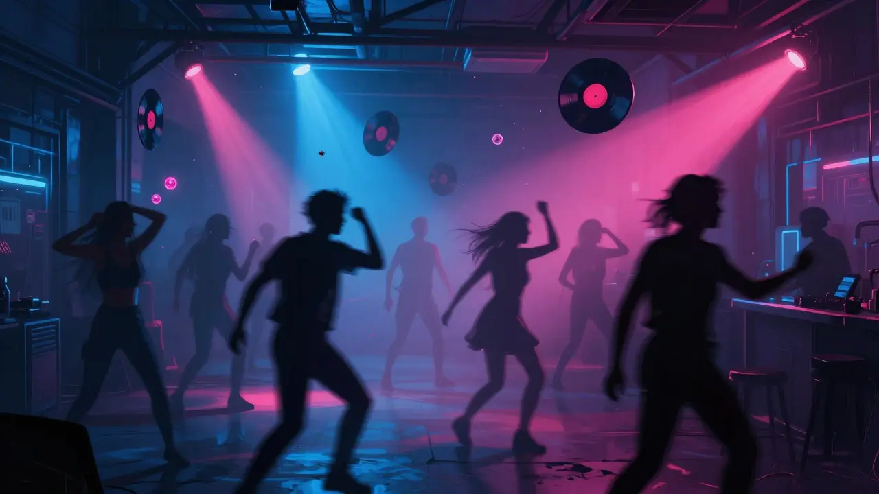 Underground club with neon lights, fog, and dancers under strobes, no signs or barriers, raw urban energy.