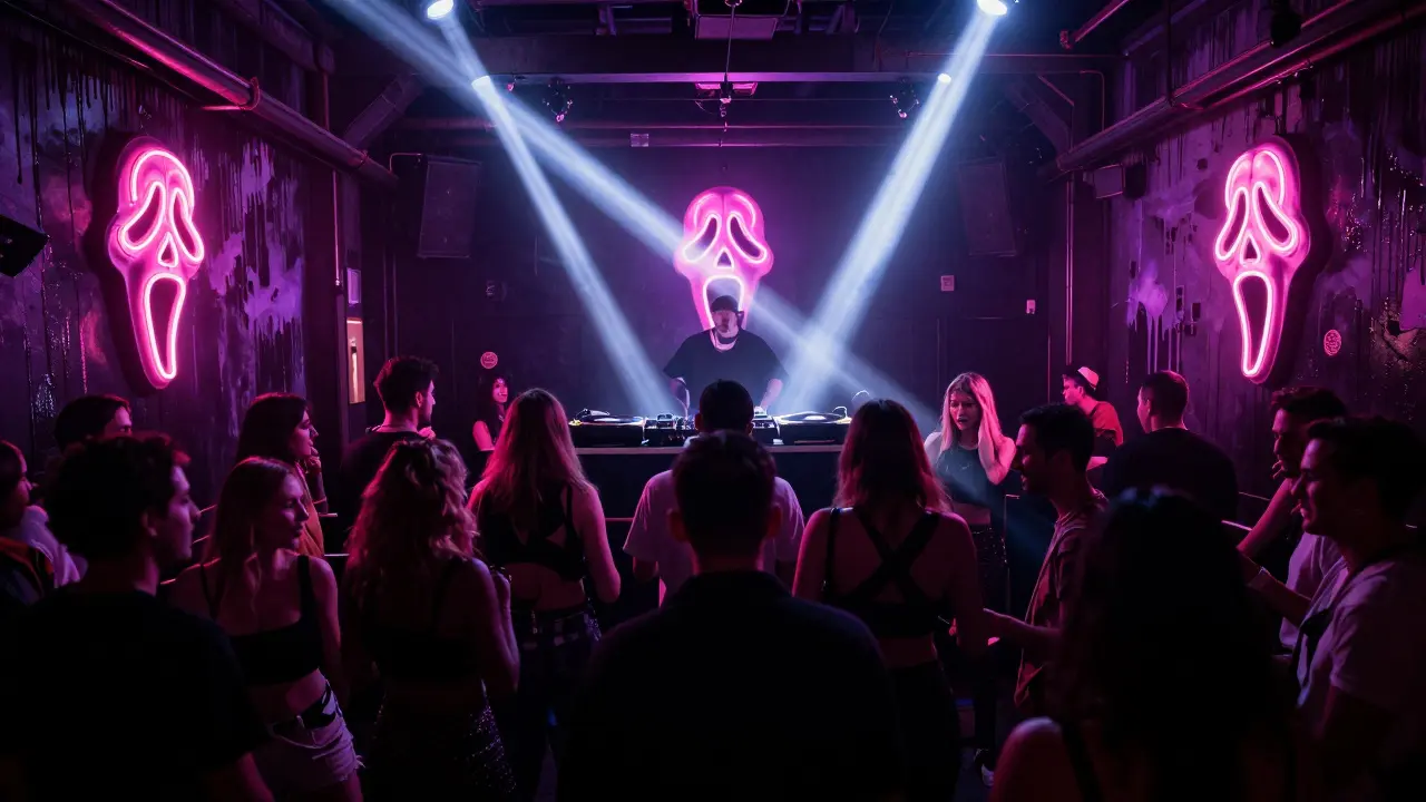 Underground club with neon screaming faces lighting up a crowd dancing in an industrial warehouse.