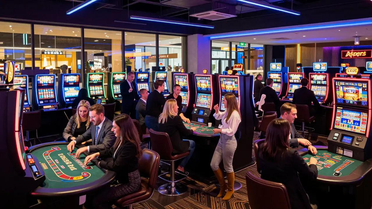 Vibrant casino floor with slot machines and blackjack tables under neon lights.