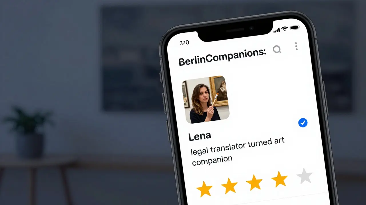 A clean, professional escort profile on BerlinCompanions with a non-suggestive photo and verified badge.