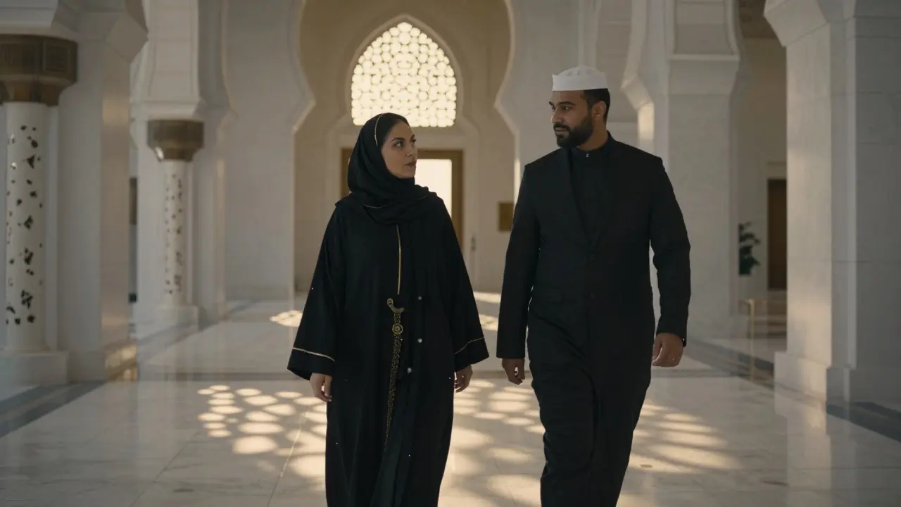 A companion guiding a traveler through the Sheikh Zayed Grand Mosque during a peaceful morning visit.