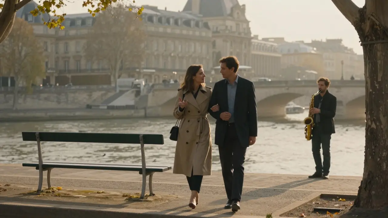 A couple walking along the Seine at sunset, engaged in thoughtful conversation under golden Parisian light.