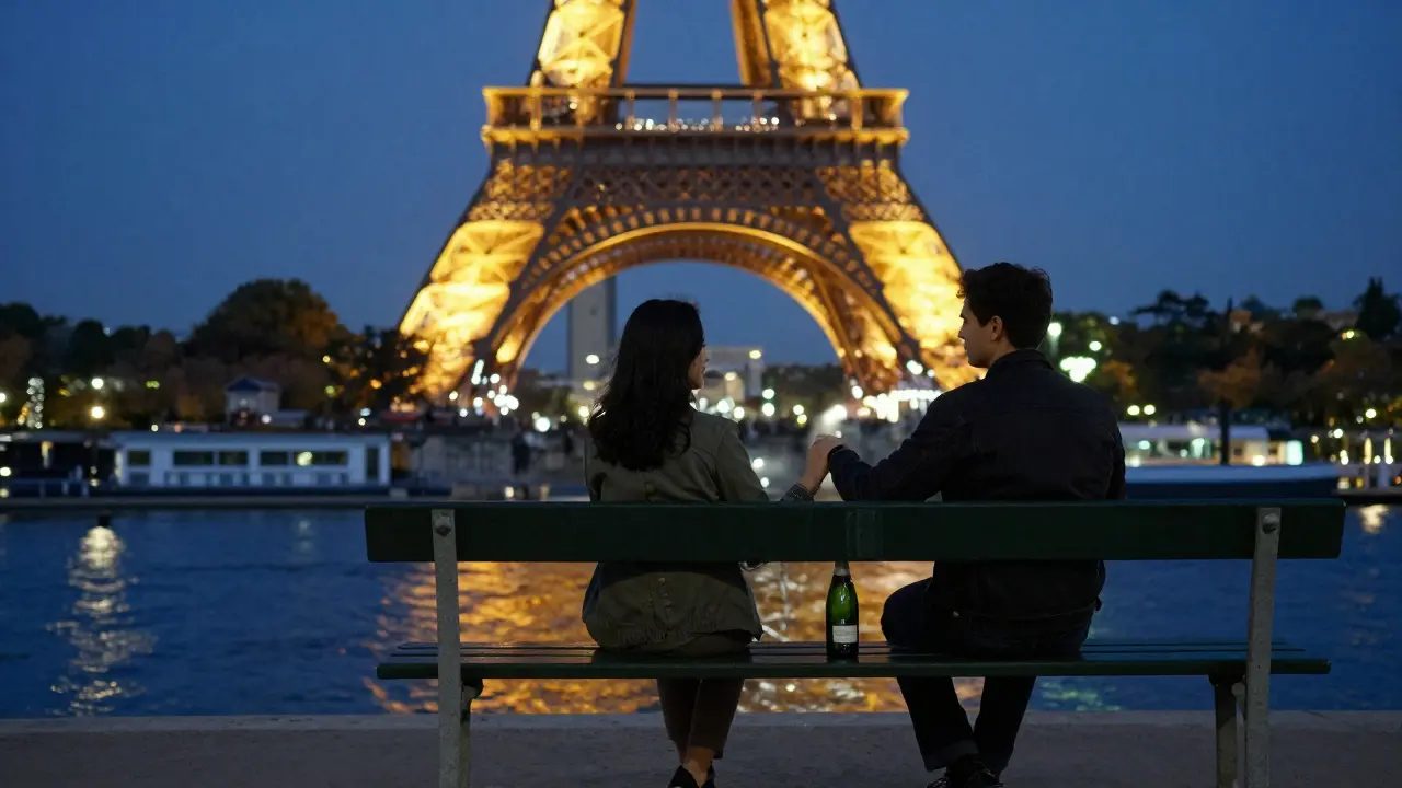 A couple watches the Eiffel Tower sparkle from a quiet bench, champagne bottle between them.