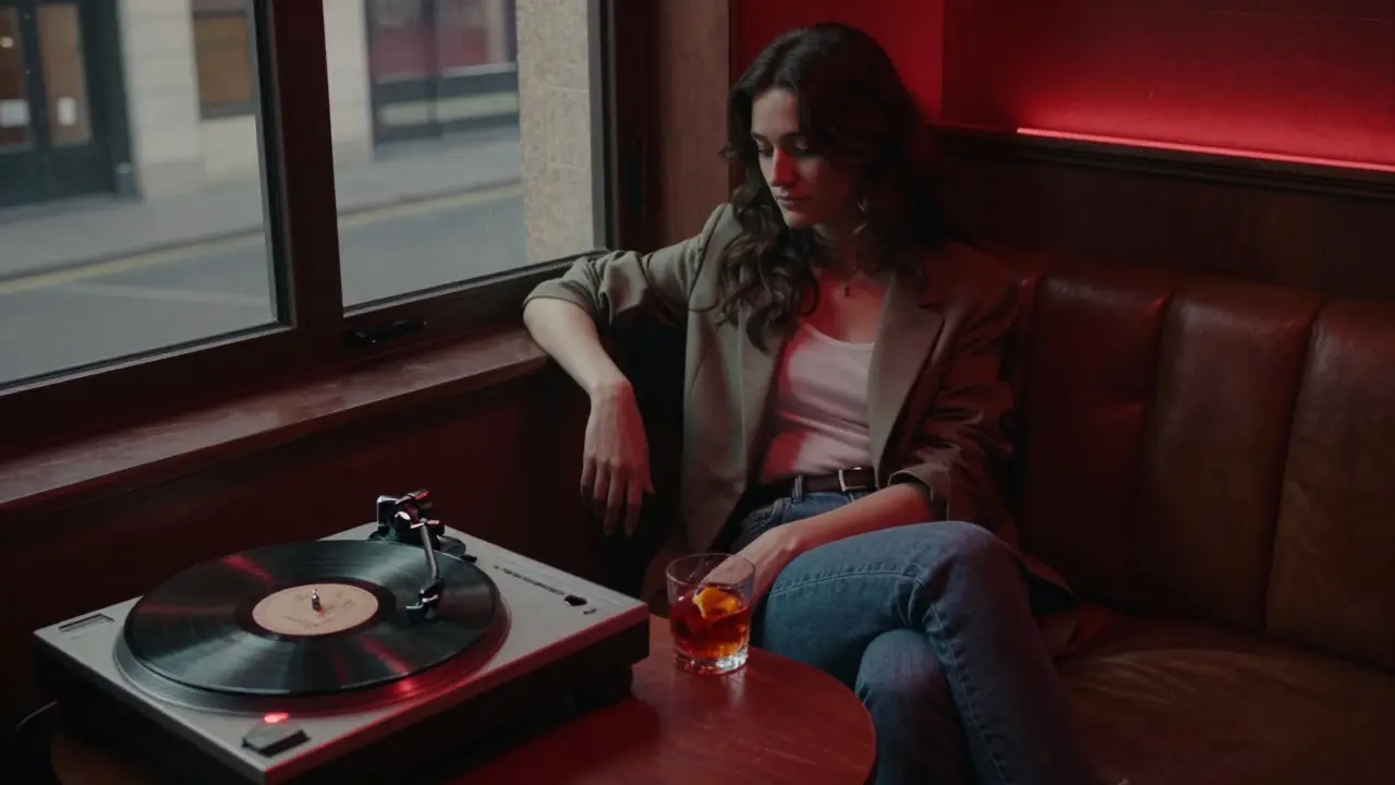 A dimly lit hidden lounge with vintage vinyl and a woman sitting quietly by a window.