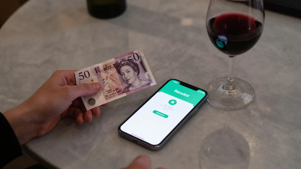A hand holding cash next to a smartphone showing a secure digital payment confirmation on a marble surface with a glass of wine nearby.