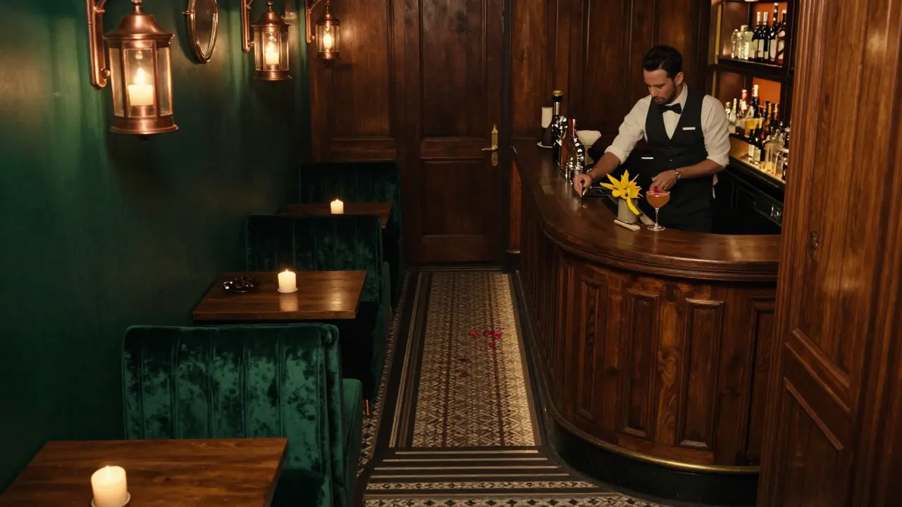 A hidden speakeasy beneath a tea shop, lit by copper lanterns with a bartender crafting artisanal cocktails.