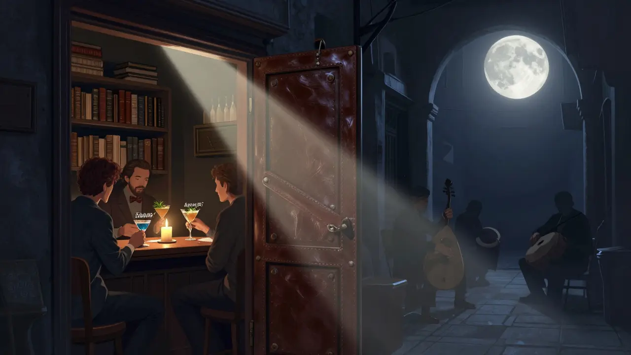 A hidden speakeasy entrance in Istanbul’s alleyways, lit by candlelight with patrons sipping poetic cocktails among old books.