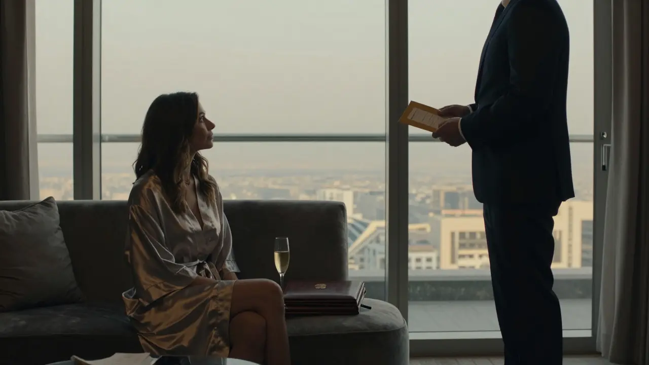 A hotel suite in Dubai with a woman on a couch and a man near the door, holding a receipt, symbolizing privacy and professional discretion.