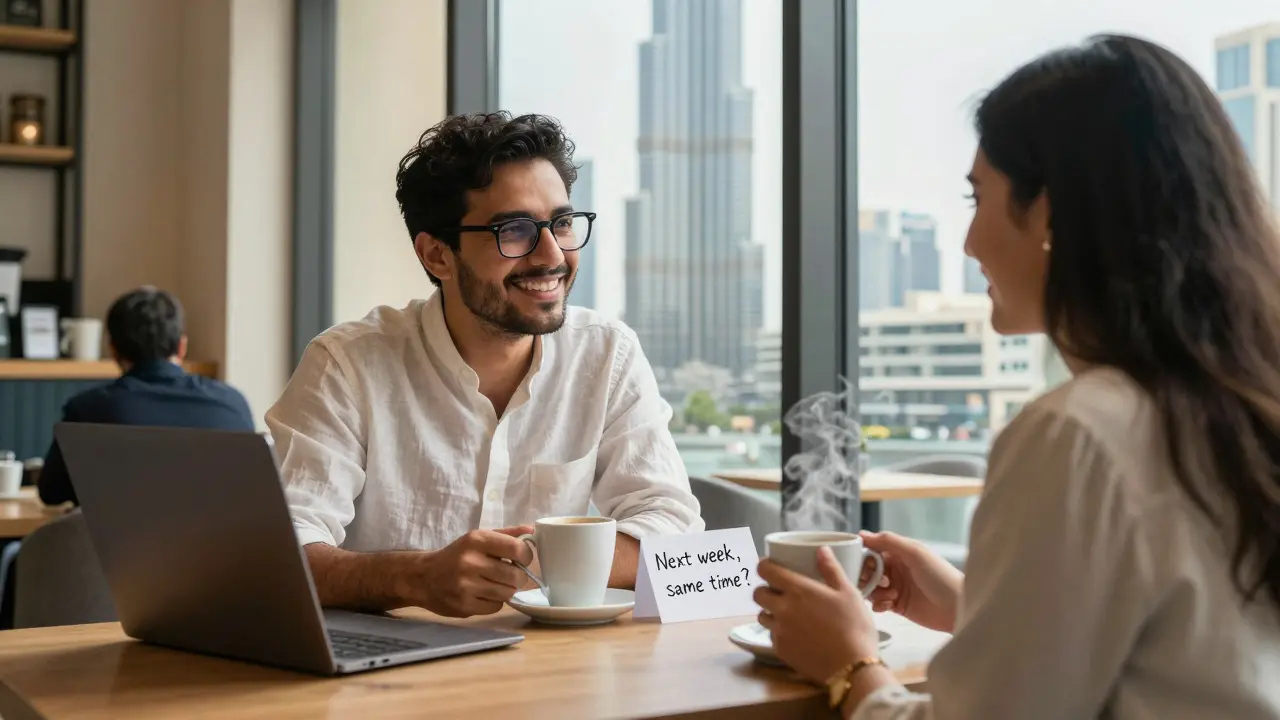 A male and female companion enjoying coffee in a Dubai café, exchanging a genuine, relaxed moment.