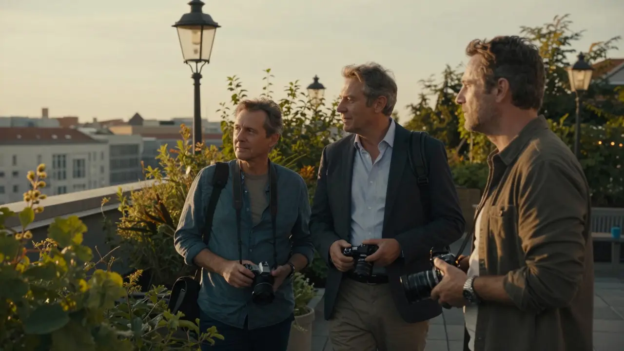 A male companion guiding clients through a hidden rooftop garden in Berlin at sunset, city view in background.