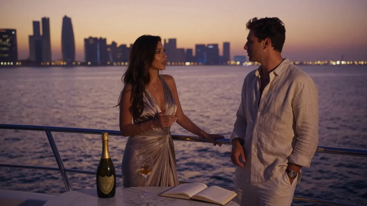 A man and woman on a private yacht at sunset, sharing a moment of calm connection as the city glows in the distance.