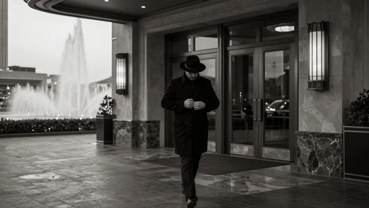 A man walking away from a luxury hotel at dawn, alone, embodying dignity and the end of a private encounter.