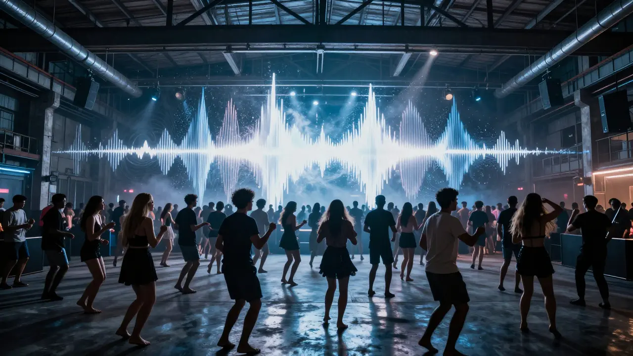 A massive industrial club with dancers moving to powerful bass under strobing lights.