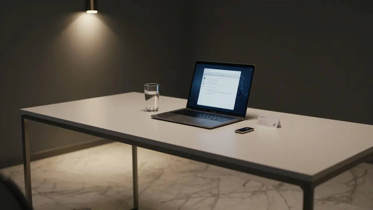 A minimalist private agency desk with a secure laptop and keycard, symbolizing discreet professional companionship services.