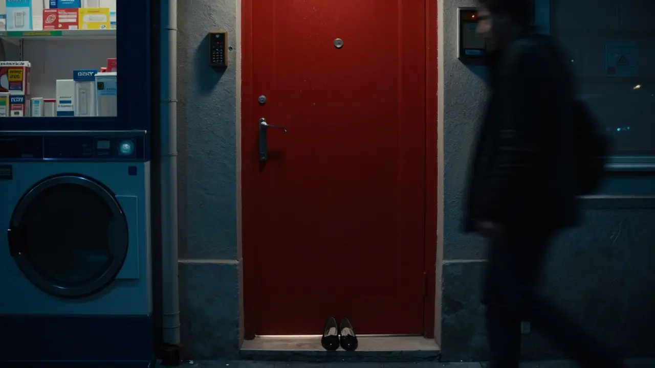 A mysterious red door in a Paris alleyway, glowing faintly from within, hinting at a hidden speakeasy.