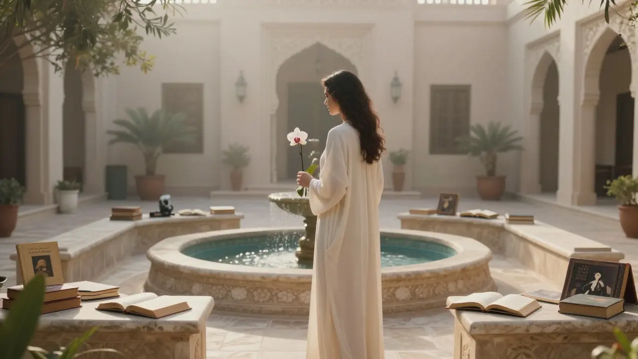 A mysterious woman stands in a serene courtyard at dawn, holding a flower, surrounded by books on art and philosophy.